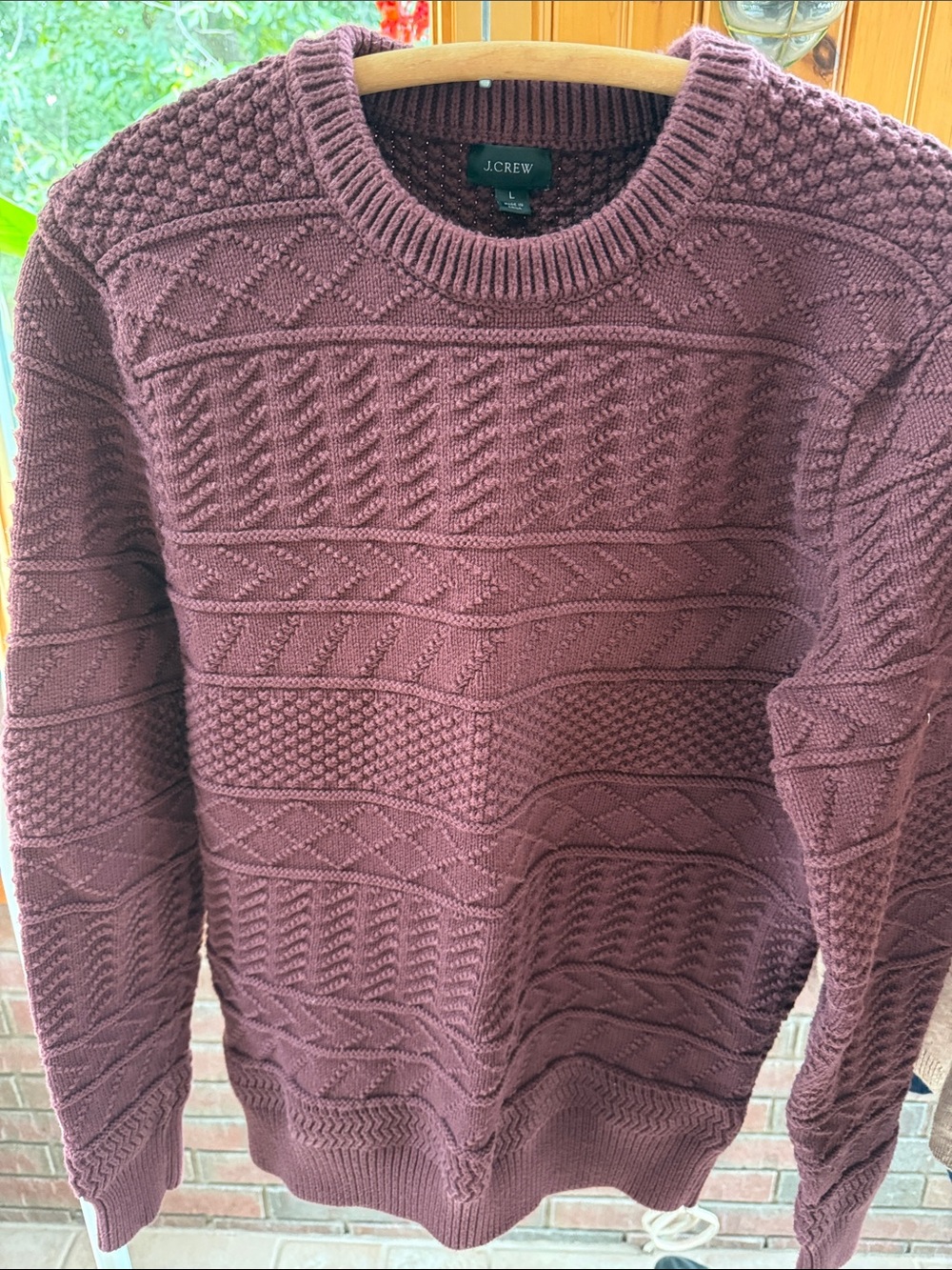 J. Crew Men's 100% Cotton Cable Knit Crewneck Sweater - Wine